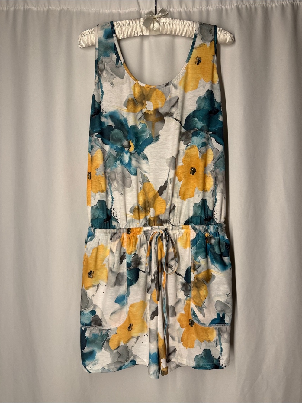 Floral Scoop Neck Romper in Yellow & Teal